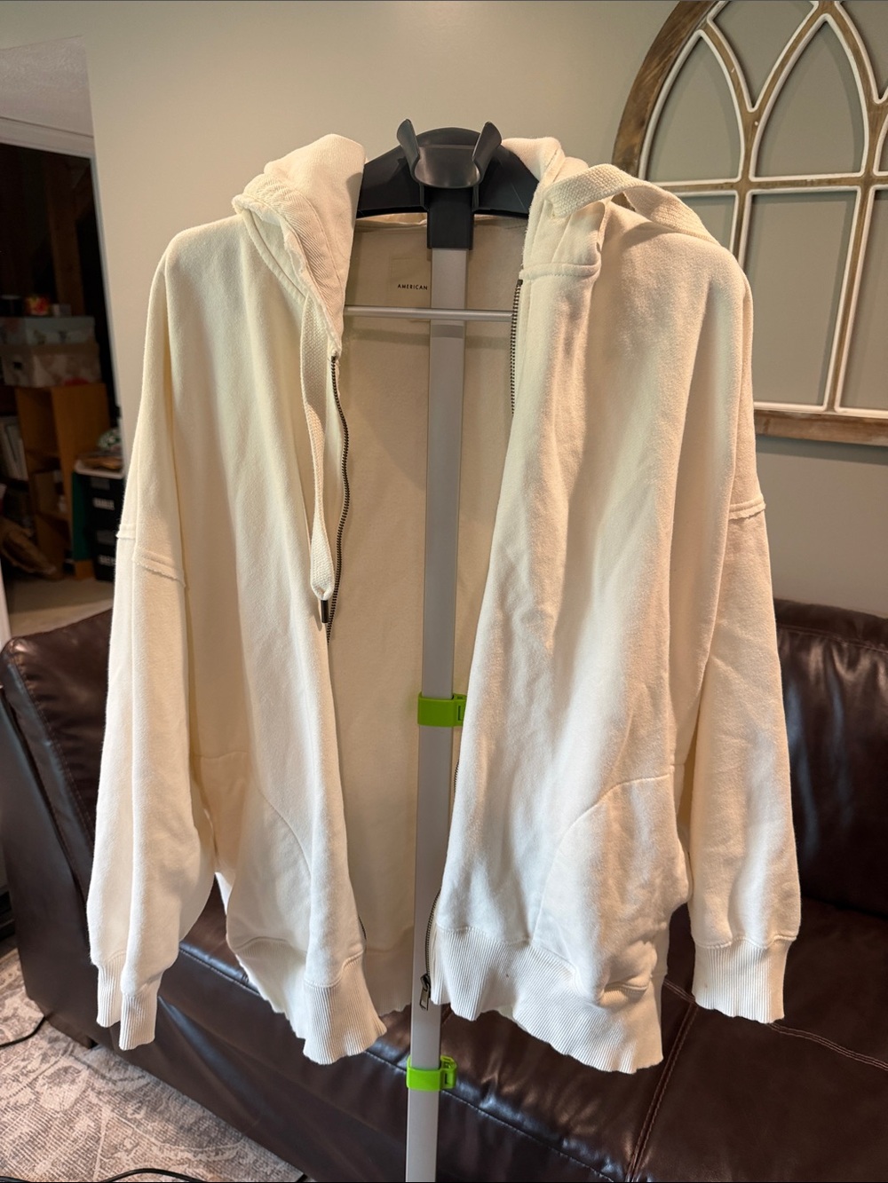 American Eagle Outfitters Cream Zip-Up Hooded Windbreaker
